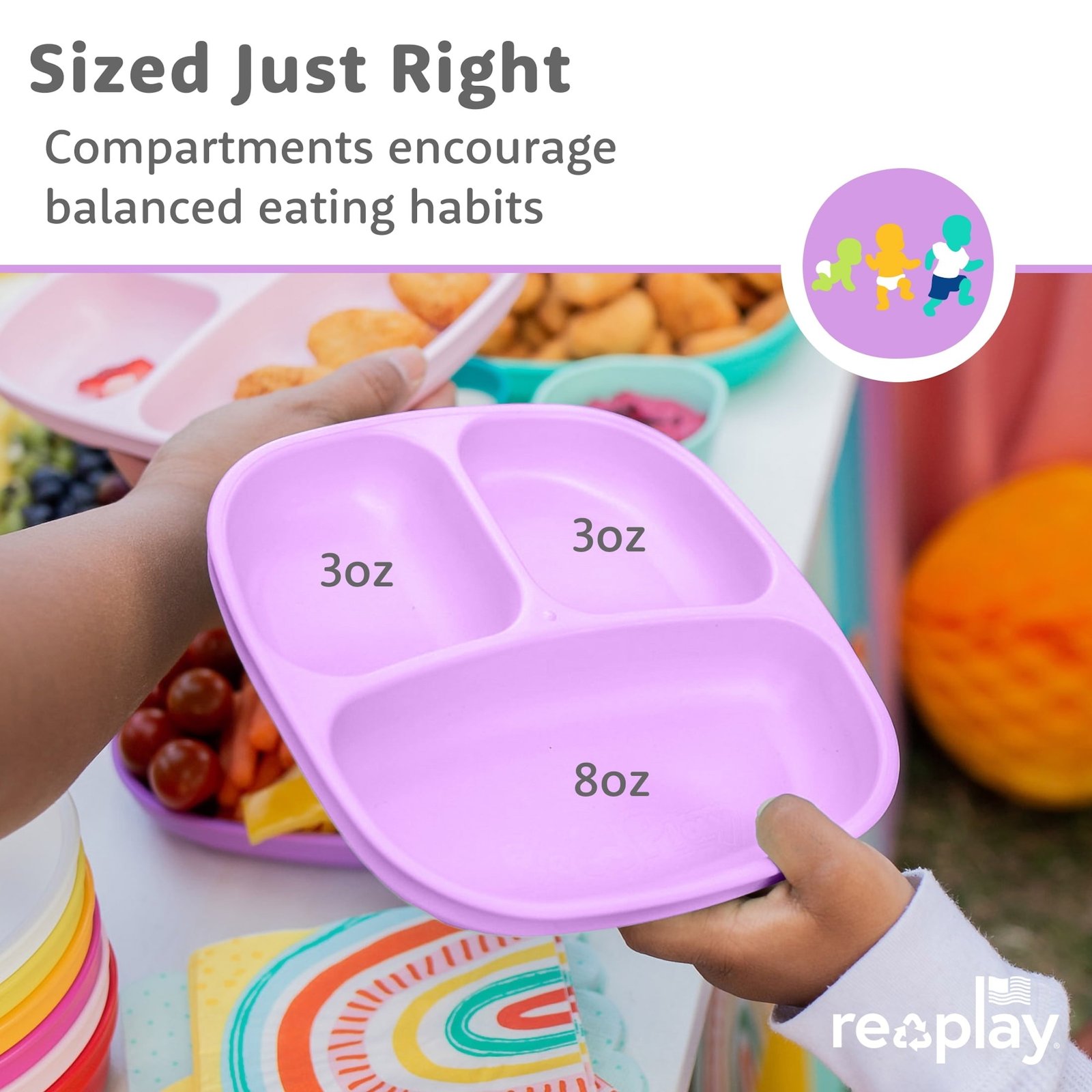 Re-Play Toddler Plates with Dividers - Deep-Walled 3 Compartments Divided Plates for Kids - Dishwasher & Microwave Safe - Made in USA - Set of 3 - Tulip