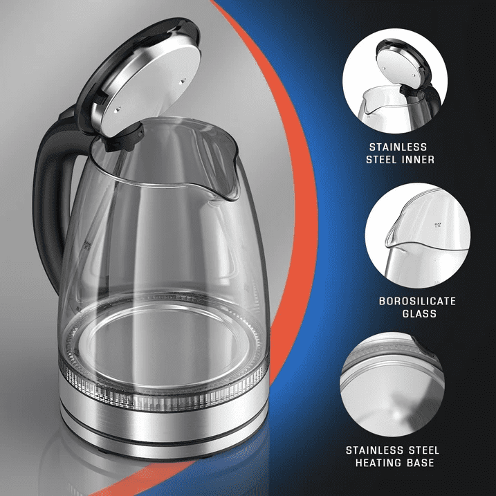 HadinEEon Electric Kettle 1.7L Glass Boiler Electric Tea Kettle with Blue LED Indicator Light, Silver