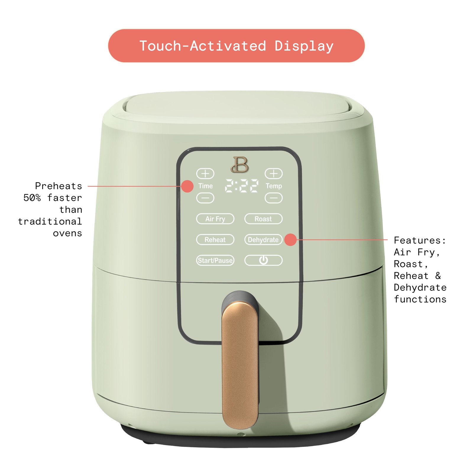 Beautiful 6 Qt Air Fryer with TurboCrisp Technology and Touch-Activated Display, Sage Green by Drew Barrymore