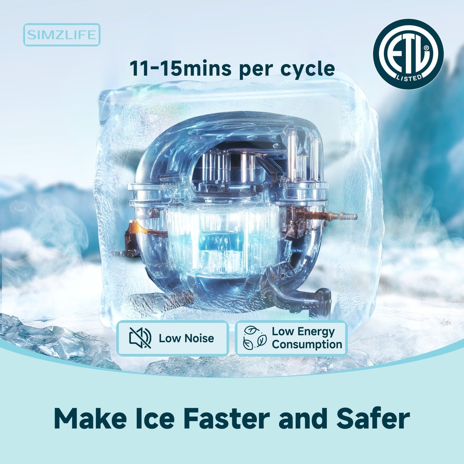 Simzlife Commercial Ice Maker Machine 450Lbs/24H, SECOP Compressor&ETL Approval, Industrial Ice Machine, 250Lbs Storage, Ice Ready in 8-15 min, Stainless Steel Ice Maker for Business