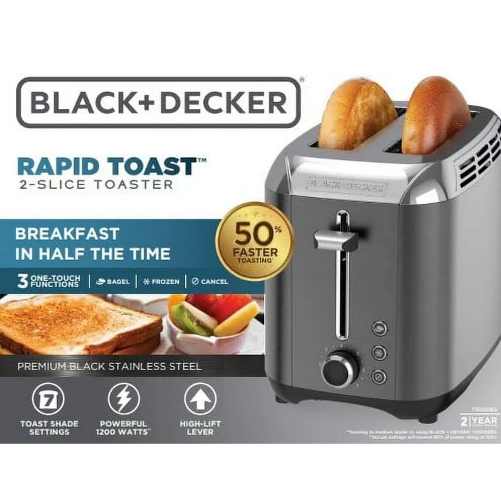 BLACK+DECKER 2-Slice Rapid Toaster, Black Stainless Steel with Removable Tray