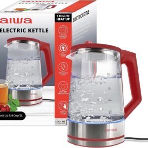 Aiwa 2-Liter Glass Electric Water Kettle, Cordless Hot Water Boiler with Auto-Shutoff, Red