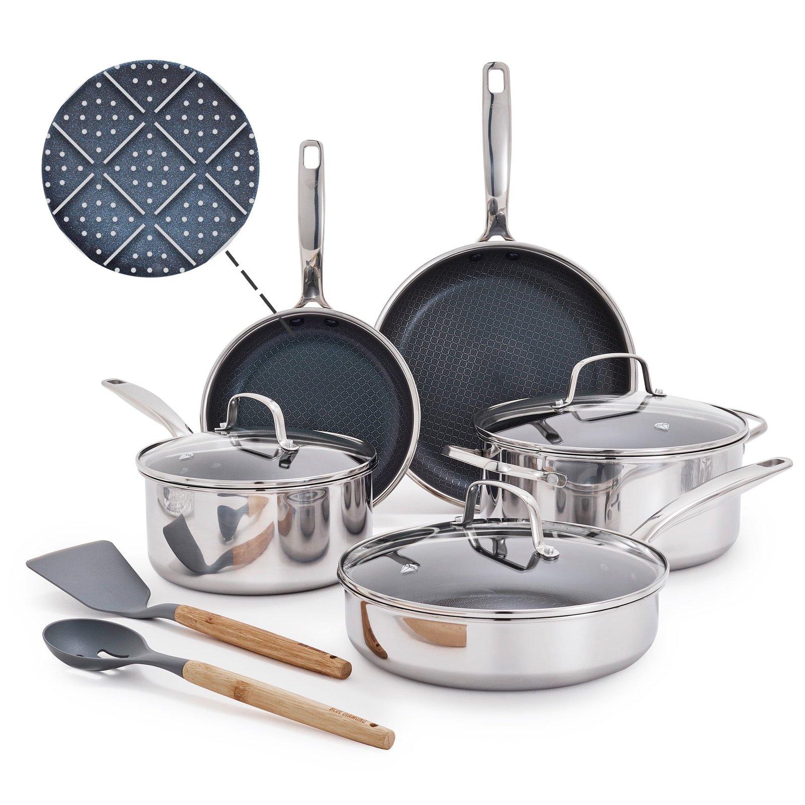Blue Diamond 10-Piece Diamond-Bond Hybrid Nonstick Ceramic Stainless Steel Cookware Set, Dishwasher Safe