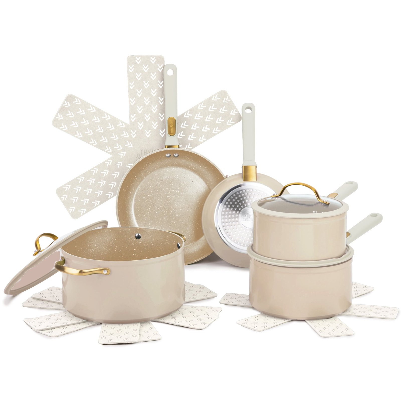 Thyme & Table 12-Piece Non-Stick Granite Collection Cookware Set, Pots and Pans Set - Taupe & Gold