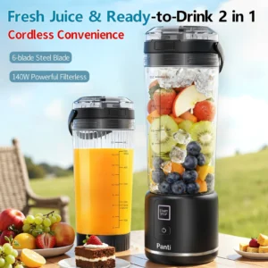 Panti Portable Blender, Cordless, 18oz. USB-C Rechargeable Personal Blender for Shakes & Smoothies, BPA Free, Cover with Handle, USB-C Rechargeable, Dishwasher Safe Parts, Black