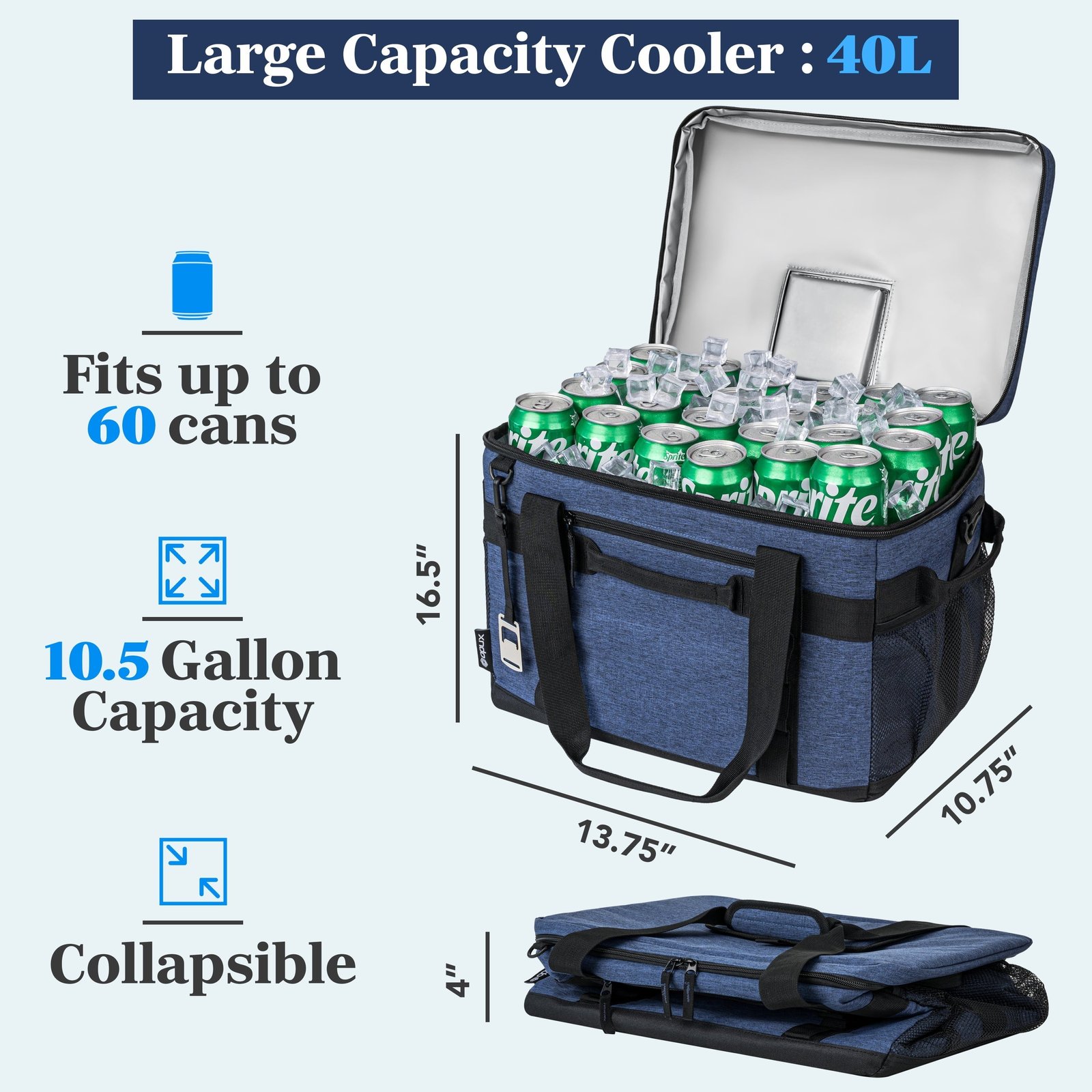 OPUX Cooler Bag, 60 Cans Insulated Soft Collapsible Portable Cooler, Soft Sided Leakproof Cooler for Beach Camping with Shoulder Strap, Ice Chest for Travel Road Trip Picnic, Navy Blue