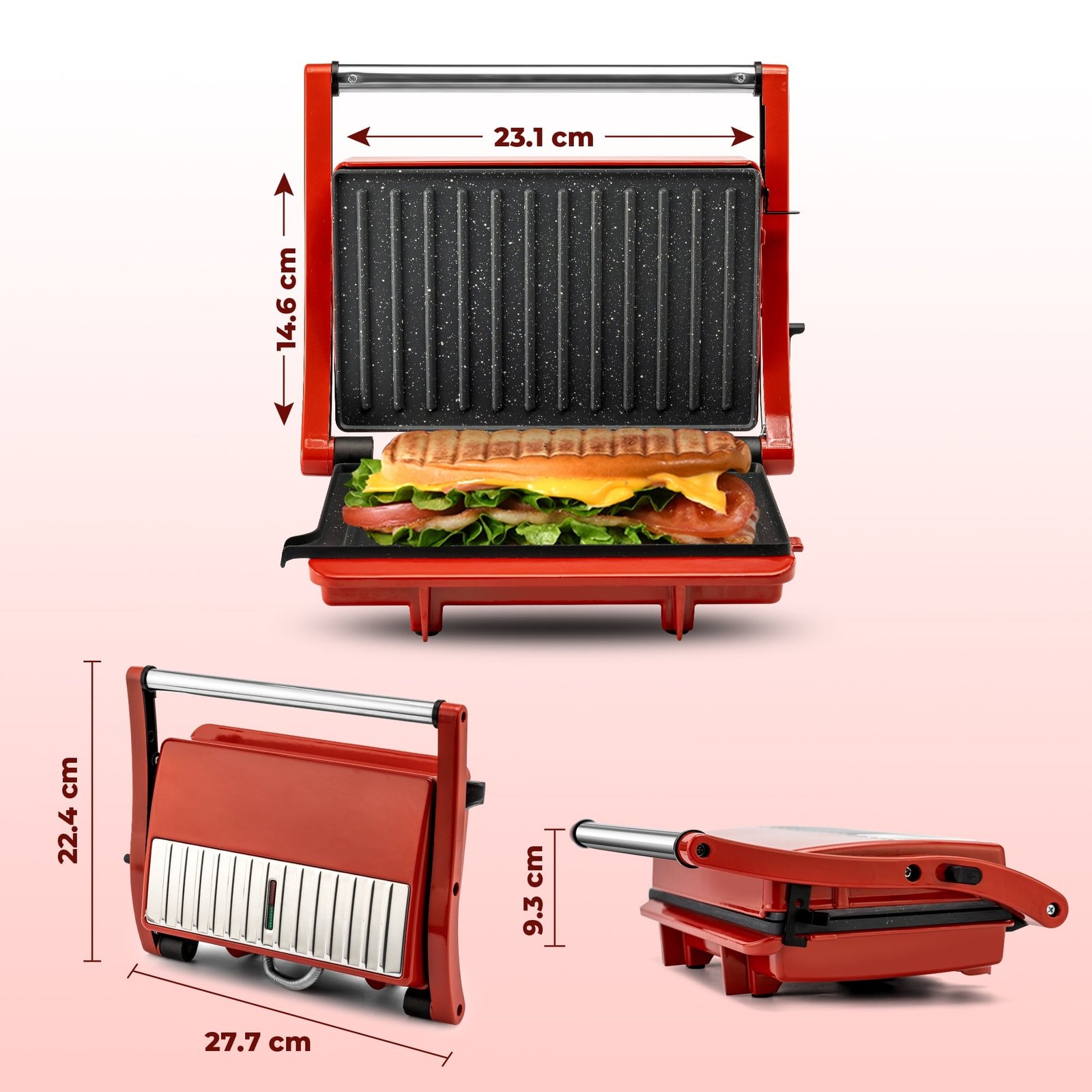Pukomc Panini Press Grill - Electric Sandwich Maker with Non-Stick Plates, 180° Adjustable Indoor Grill for Paninis & More(Red)