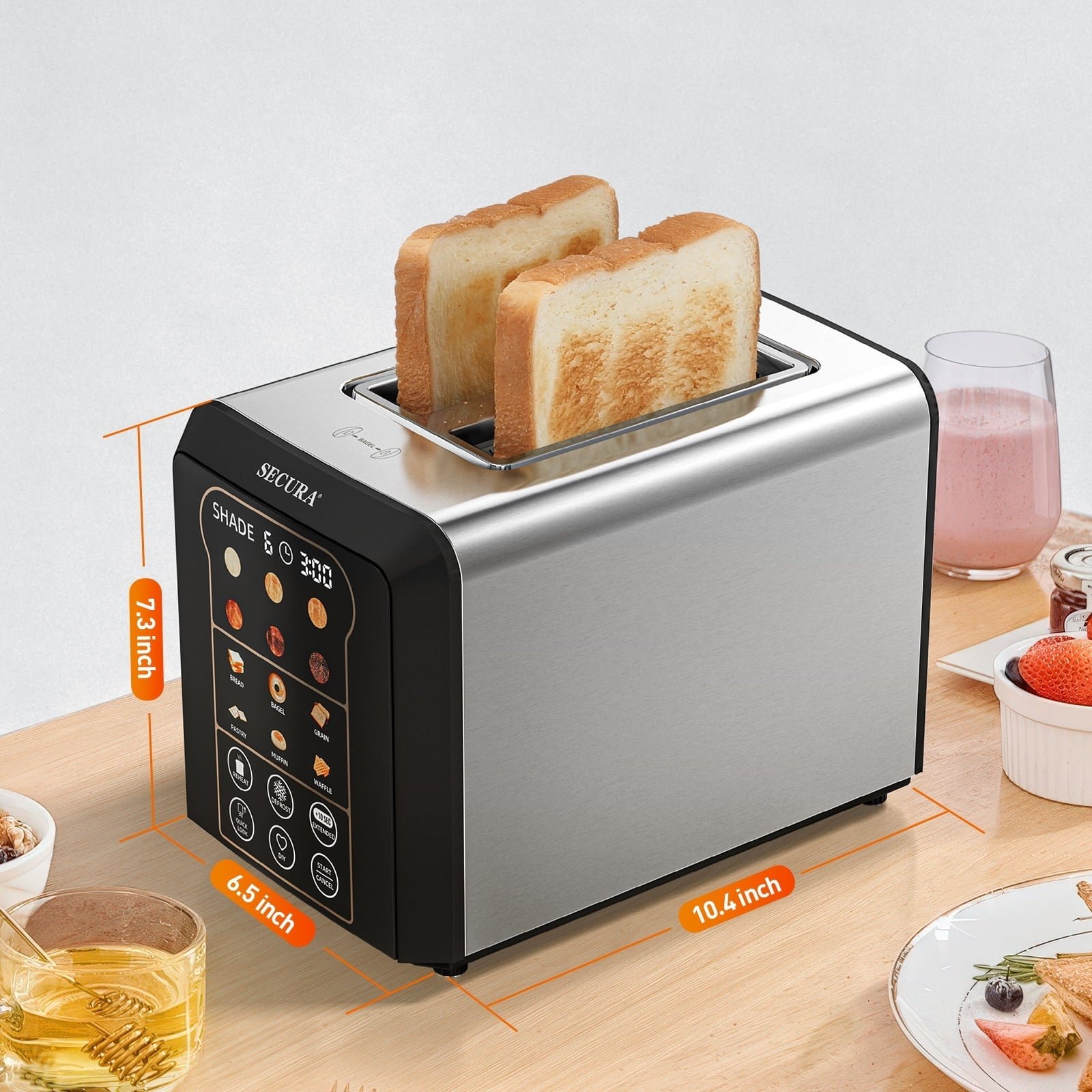 Secura Toaster 2 Slice Smart Toaster with Auto Lift&Lowering Touch Screen, Digital Countdown, Wide Slots for Toasting Bagels Breads Waffles & More 6 Browning Levels Customizable Settings