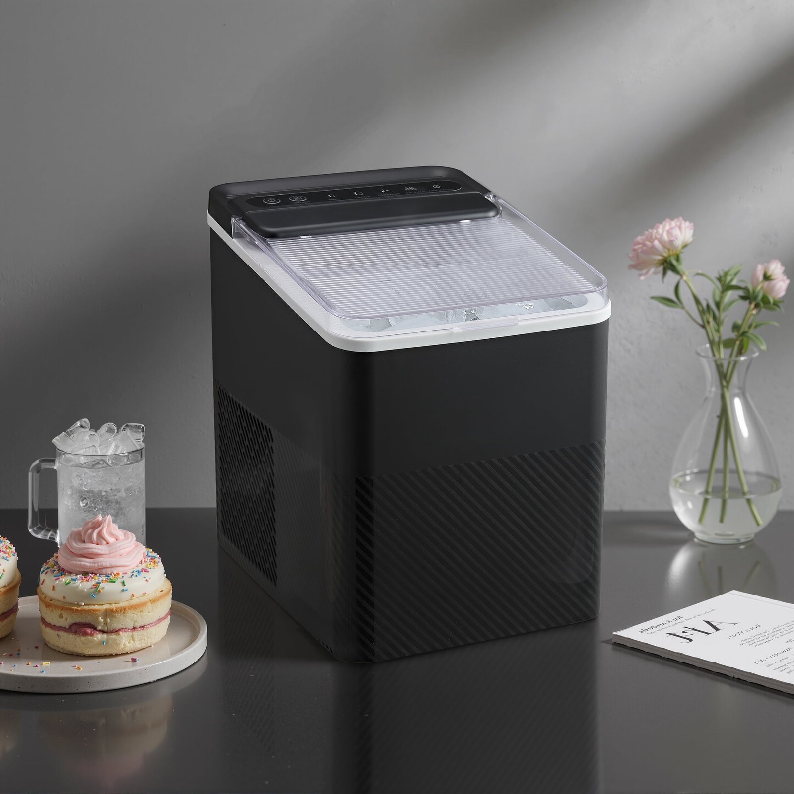 Mainstays Countertop Ice Maker, Rich Black, 9 Bullet Cubes, 2 Ice Sizes, 26 lbs/24H with Removable & Washable Ice Tray & Scoop, with Self-Cleaning Function