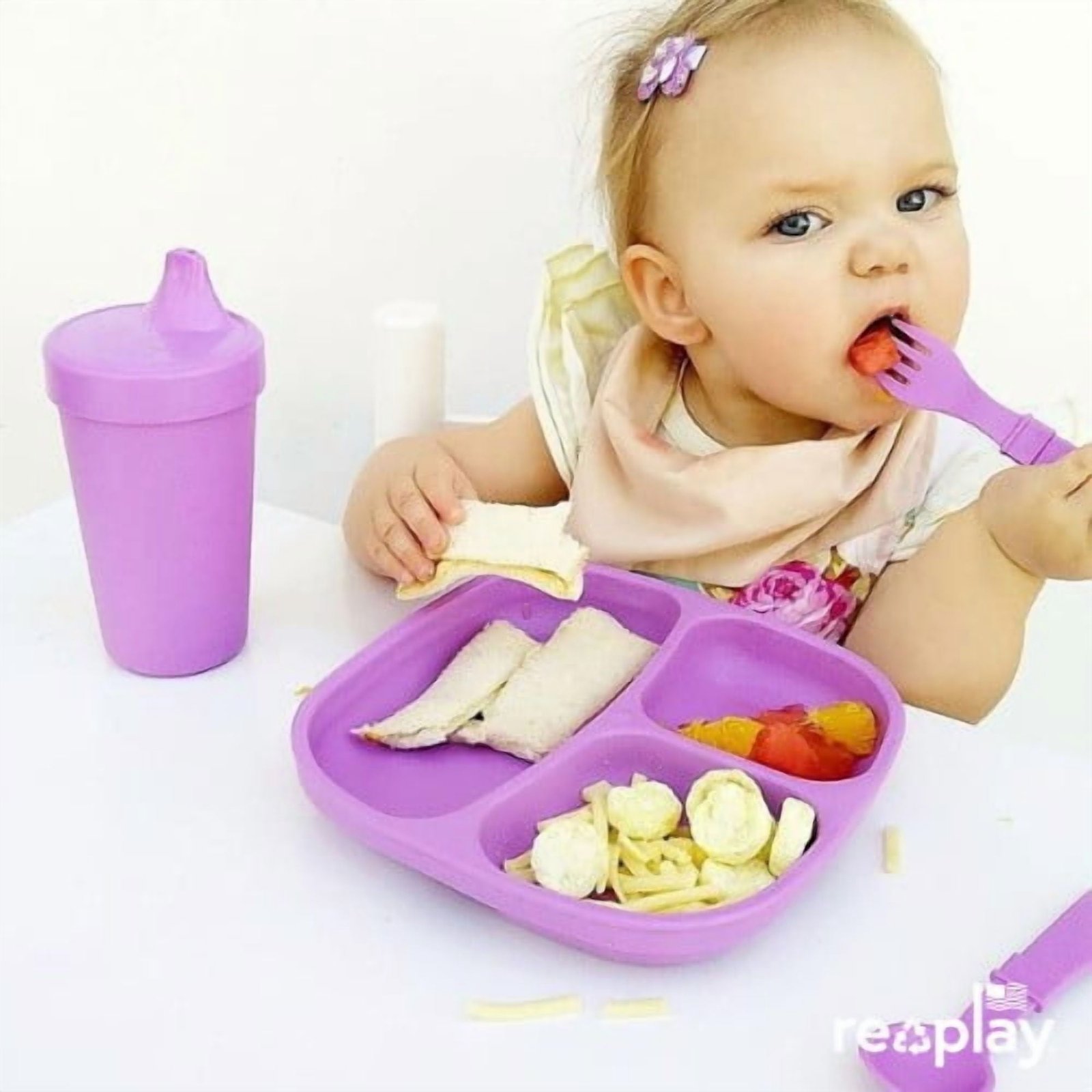 Re-Play Toddler Plates with Dividers - Deep-Walled 3 Compartments Divided Plates for Kids - Dishwasher & Microwave Safe - Made in USA - Set of 3 - Tulip