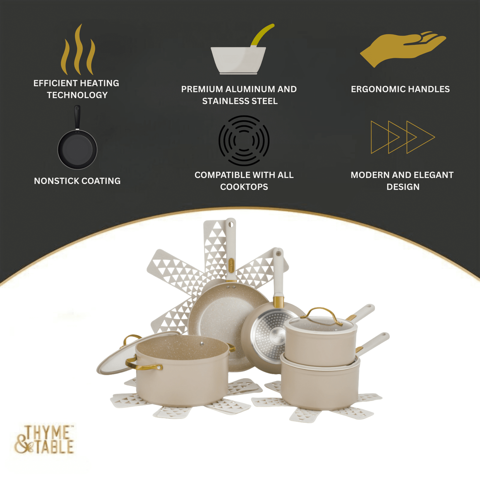 Thyme & Table 12-Piece Non-Stick Granite Collection Cookware Set, Pots and Pans Set - Taupe & Gold