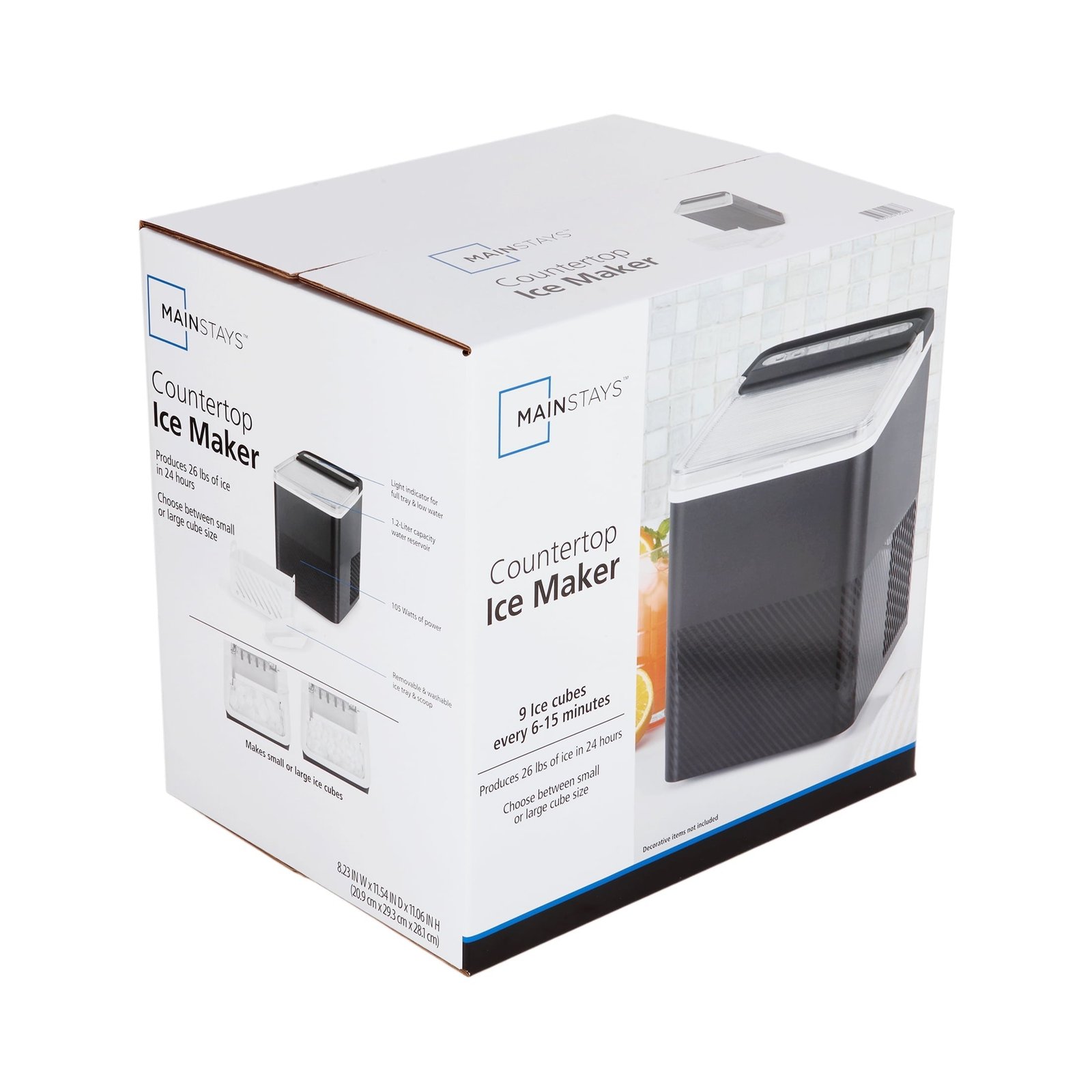Mainstays Countertop Ice Maker, Rich Black, 9 Bullet Cubes, 2 Ice Sizes, 26 lbs/24H with Removable & Washable Ice Tray & Scoop, with Self-Cleaning Function