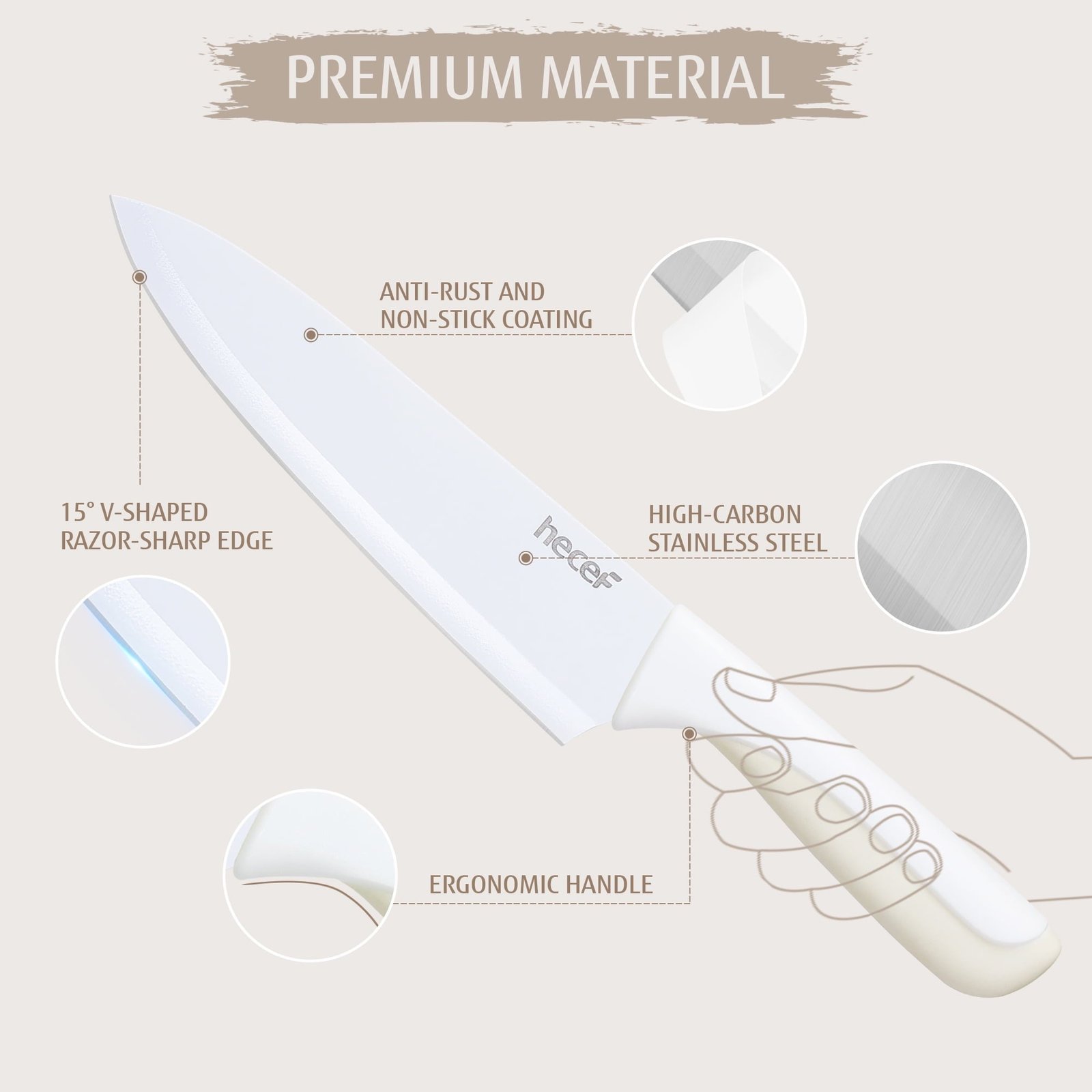 Hecef 15-Piece Knife Set with Premium Carbon Stainless Steel Dishwasher Safe Rustproof Sharp Blades