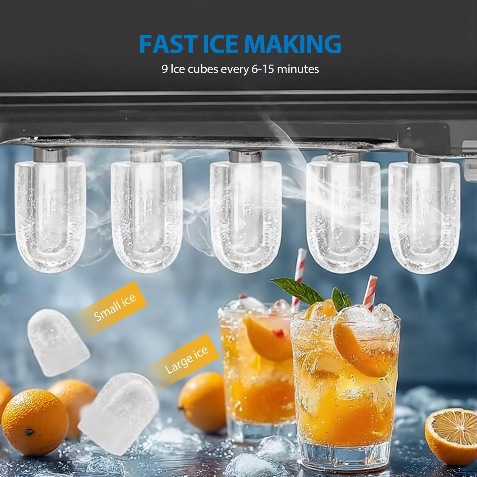 Mainstays Countertop Ice Maker, Rich Black, 9 Bullet Cubes, 2 Ice Sizes, 26 lbs/24H with Removable & Washable Ice Tray & Scoop, with Self-Cleaning Function