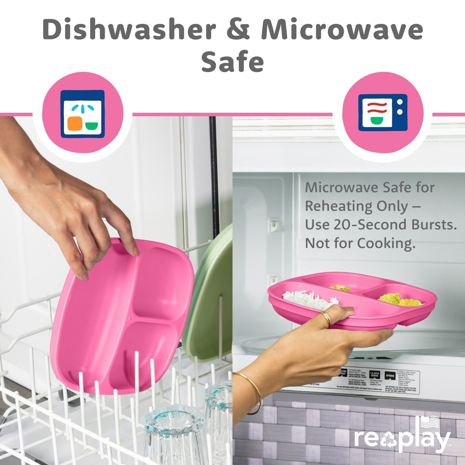 Re-Play Toddler Plates with Dividers - Deep-Walled 3 Compartments Divided Plates for Kids - Dishwasher & Microwave Safe - Made in USA - Set of 3 - Tulip