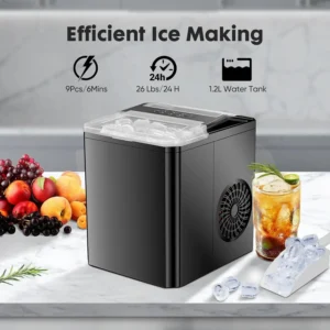 Simenmax Ice Maker, Portable Countertop Icemaker Machine, Self Cleaning Quiet 2 Sizes Bullet Cubes Makers, 9 Cubes in 6 Mins, 26lbs/24Hrs with Ice Scoop, Basket for Home Kitchen Party,Black