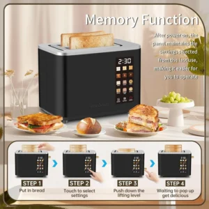 Suodoka Toaster 4 Slice with Touchscreen, Stainless Steel Bread Toaster, 6 Browning Shade Settings, 1.57 inch Wide Slots with Reheat, Cancel, Defrost Functions, New
